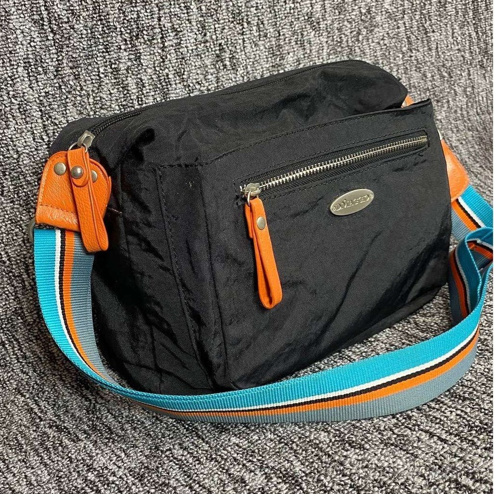 Di Viaggio Crossbody Bag Black Nylon Colorful Striped Strap Multi Pocket Travel - Picture 3 of 11